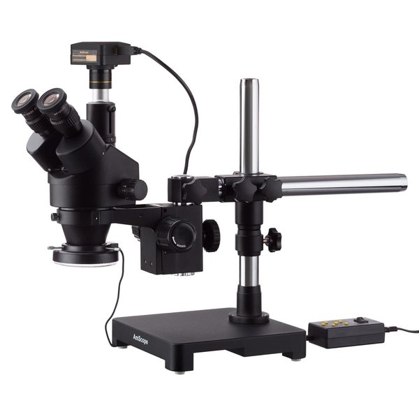 Amscope 3.5X-45X Trinocular Stereo Zoom Microscope, Single-Arm Boom Stand, 144-LED Light, USB 3 18MP Camera SM-3TX-144A-18M3-B